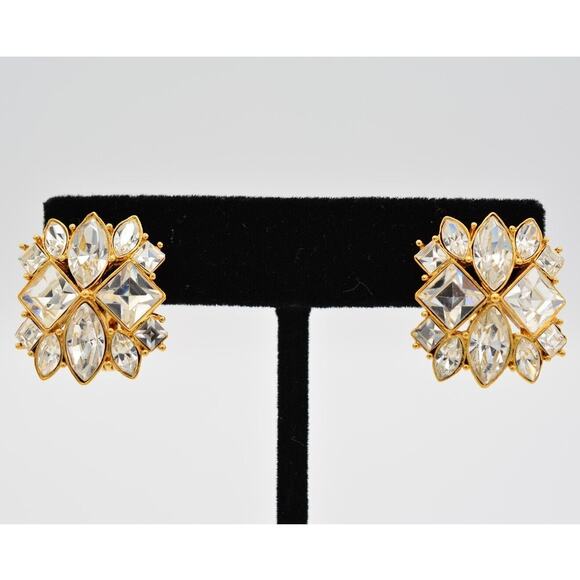 Monet Vintage Crystal Clip On Earrings Square Rhinestone Gold Signed 1980s Bin4 - Picture 1 of 12